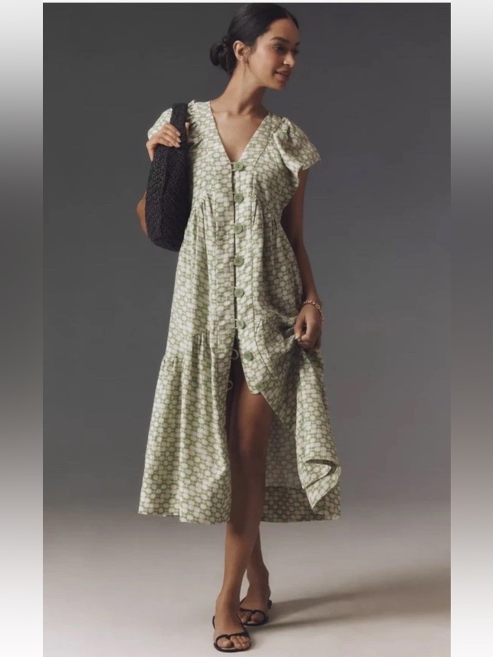 NWT Anthropologie Reneé Flutter-Sleeve Linen Button-Front Midi Dress Green Sz M